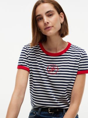 Женская футболка Tommy Hilfiger Script Monogram Striped Ringer, цвет: Карбоновый тёмно-синий — фото 3