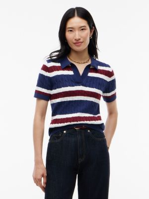 Short-Sleeve Cable Knit Sweater Polo, Preppy Navy
