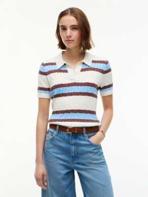 Short-Sleeve Cable Knit Sweater Polo, Rich Cream
