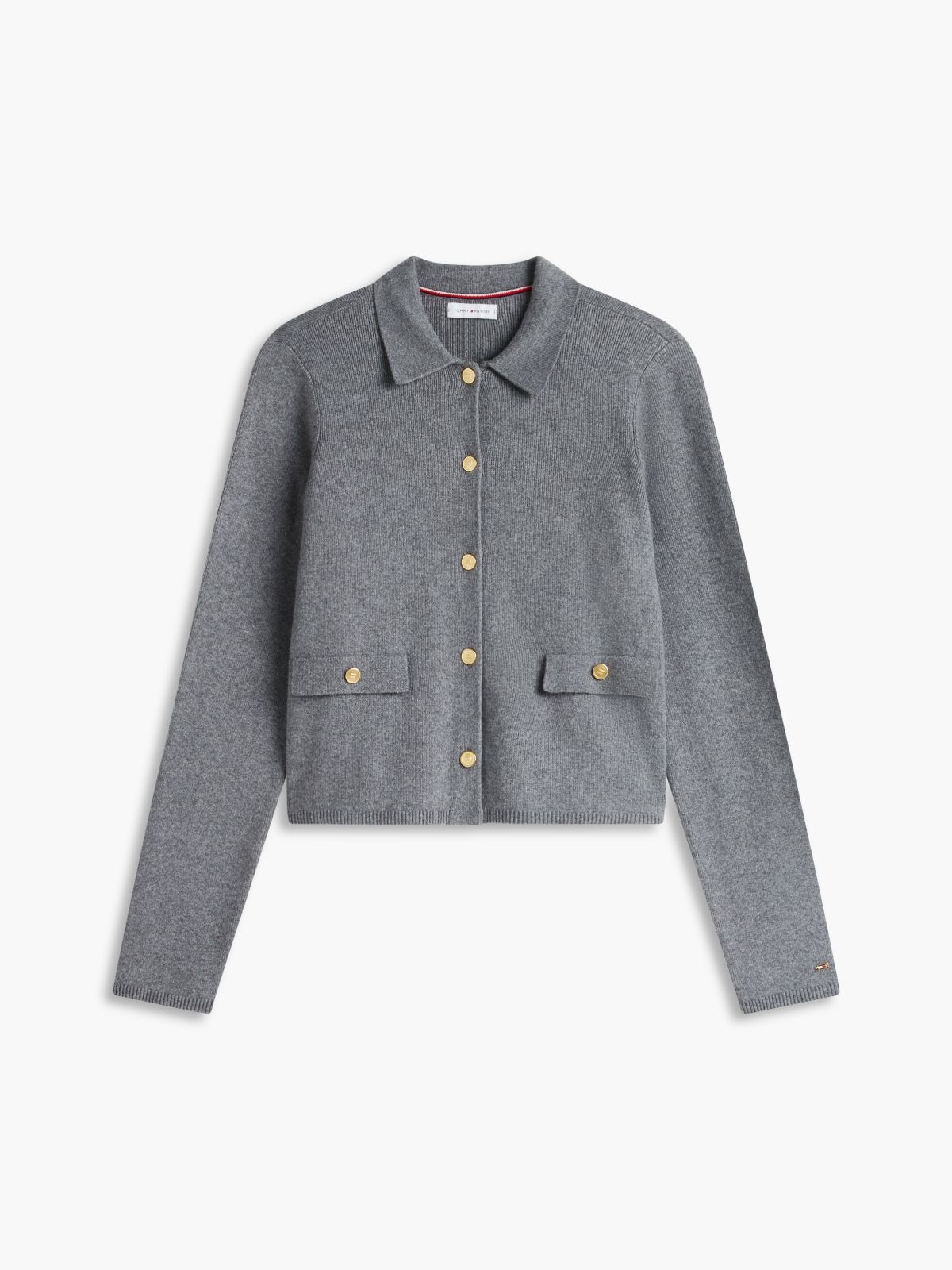 Gold-Button Collared Cardigan — Grey Heather