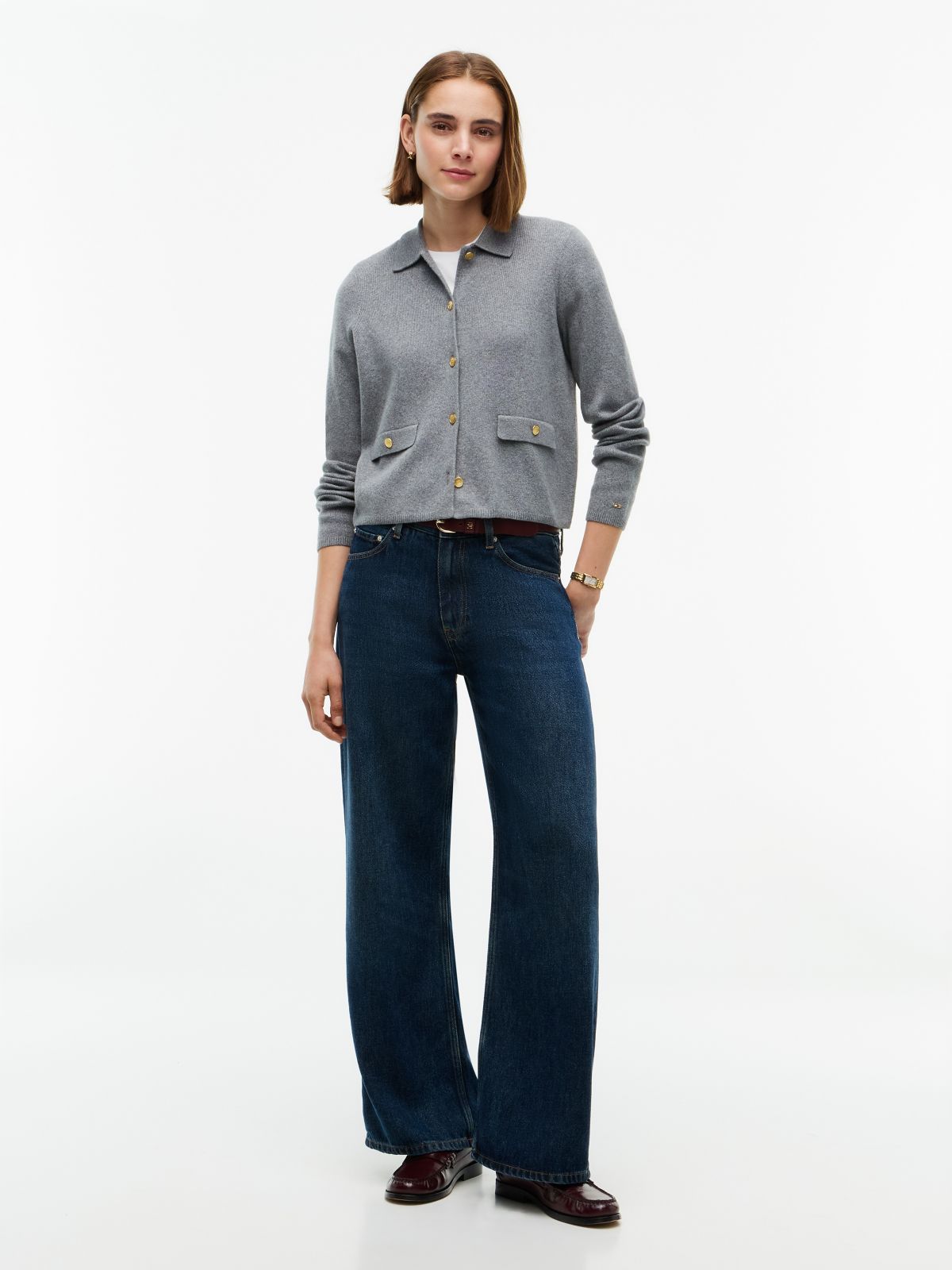 Gold-Button Collared Cardigan — Grey Heather