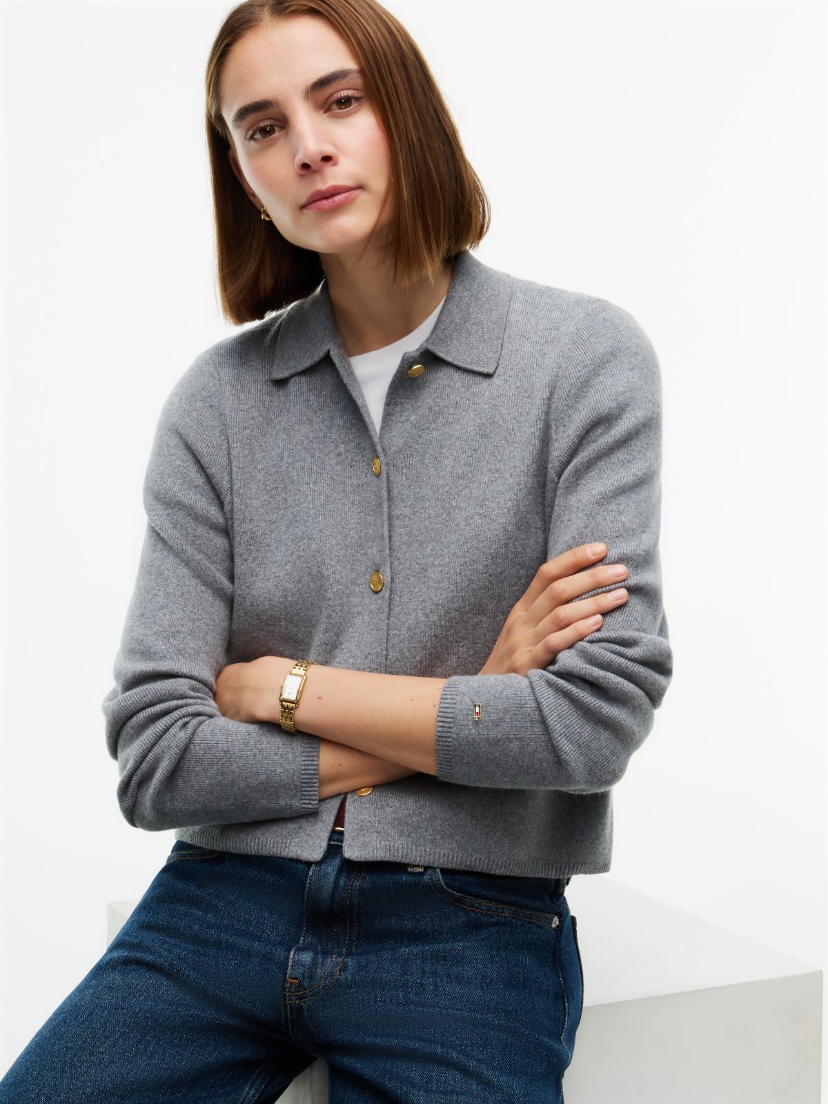 Gold-Button Collared Cardigan — Grey Heather