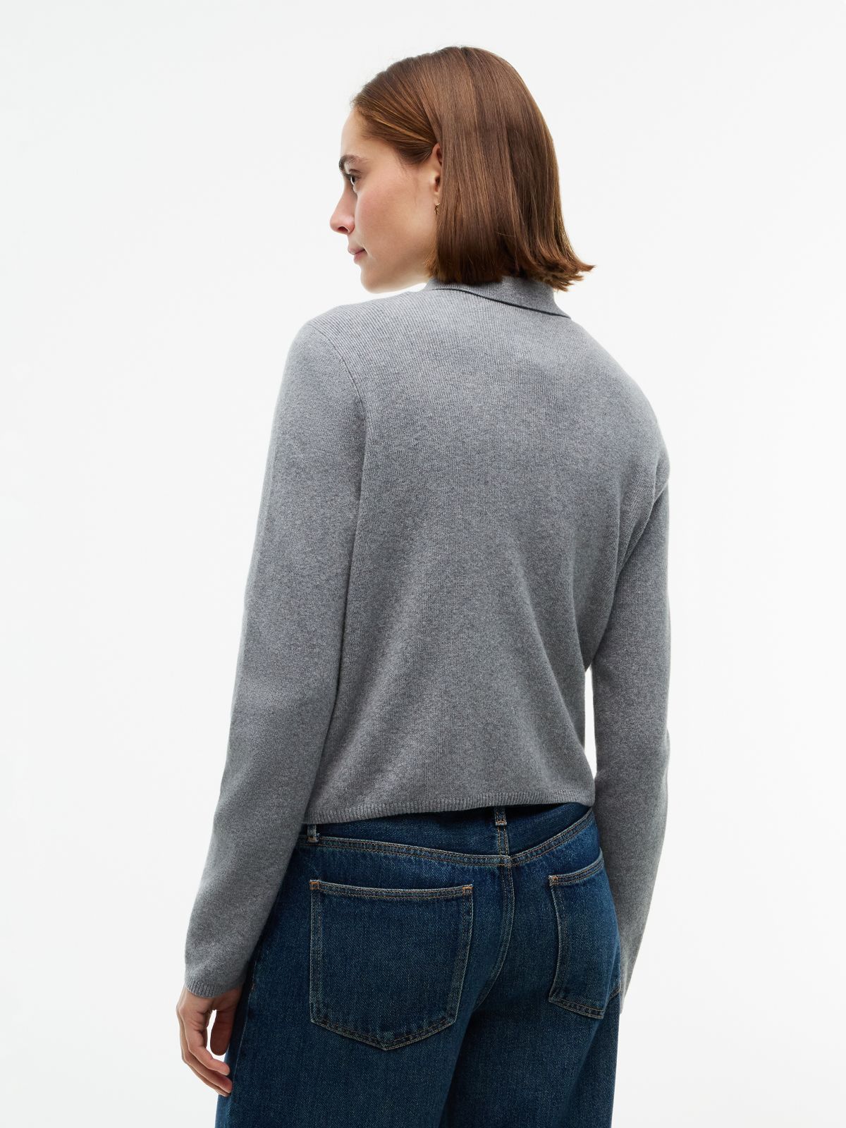 Gold-Button Collared Cardigan — Grey Heather