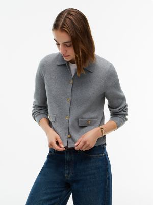Gold-Button Collared Cardigan, Grey Heather