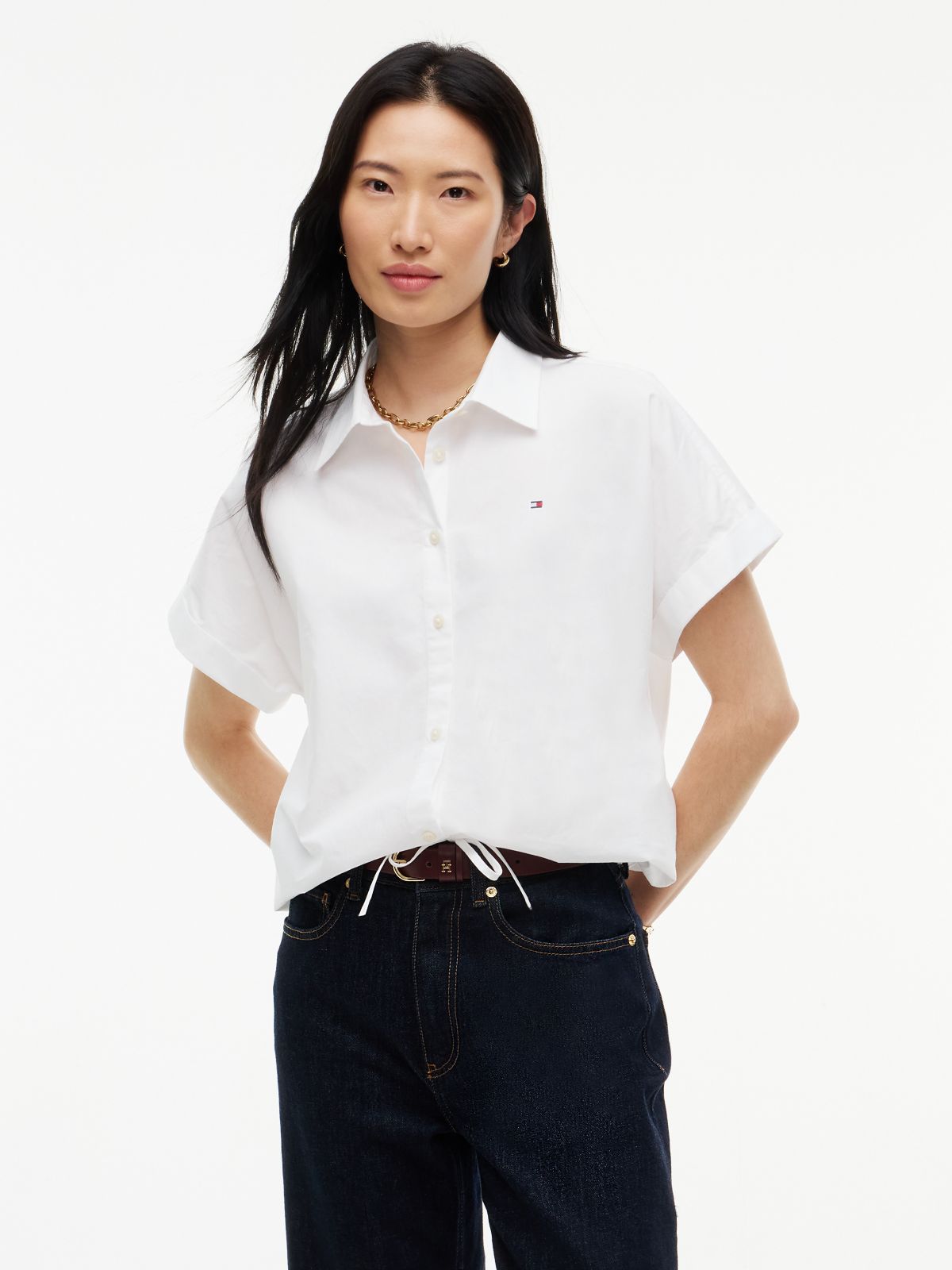 Boxy Fit Drawcord Poplin Shirt — White
