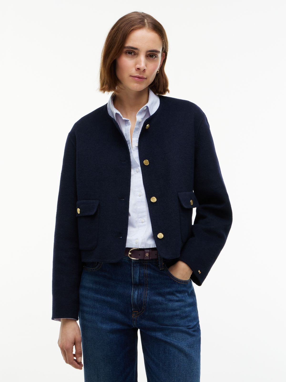 Gold-Button Wool-Blend Lady Jacket — Navy Blue