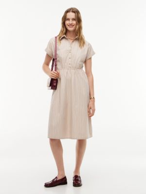 Short-Sleeve Striped Midi Shirtdress, Gentle Gold