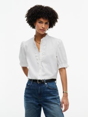 Ruffle Trim Poplin Shirt, White