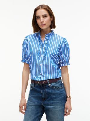 Ruffle-Trim Striped Poplin Shirt, Vibrant Blue