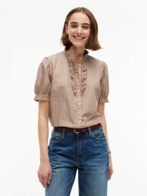 Ruffle-Trim Striped Poplin Shirt, Hickory