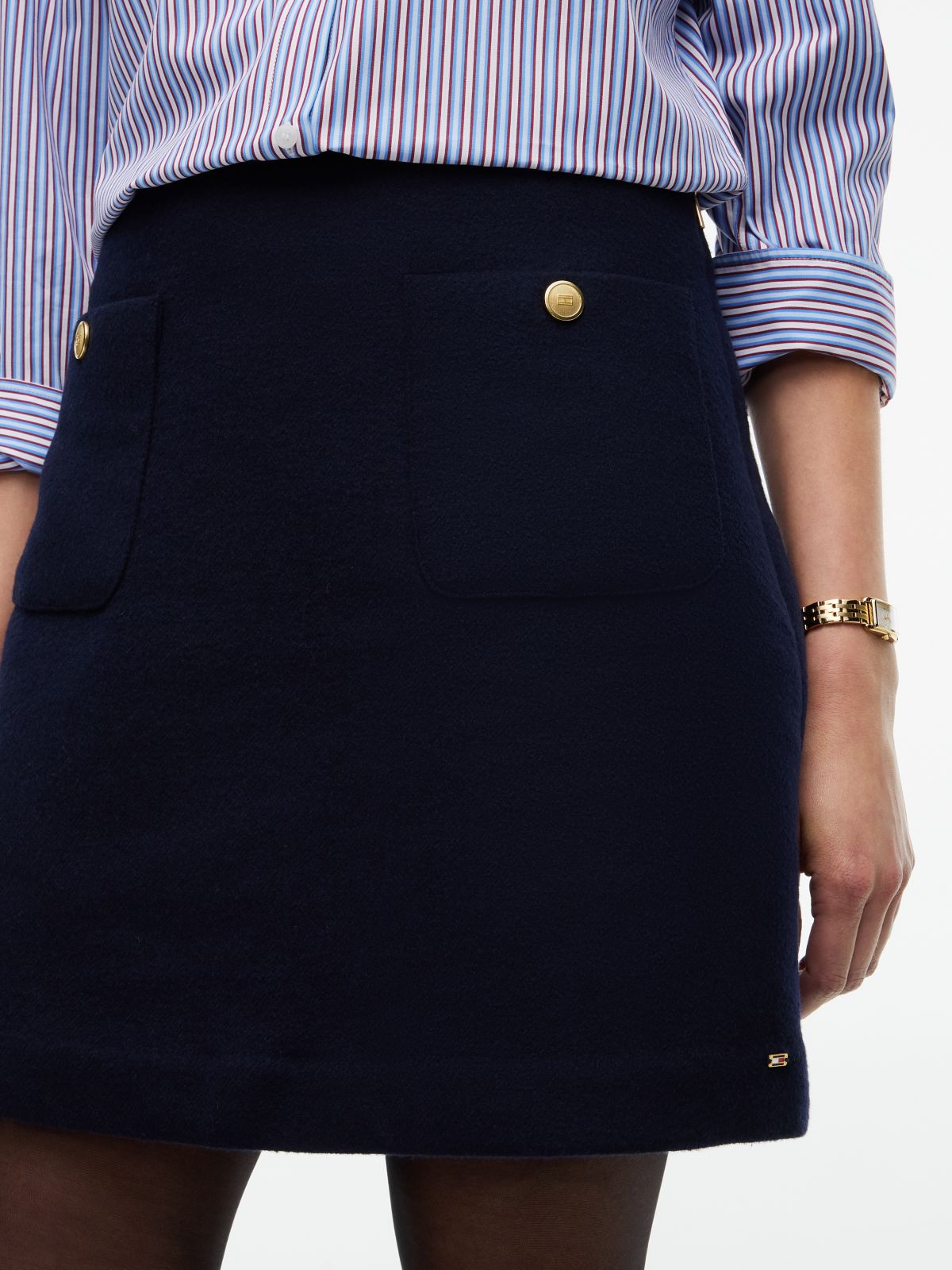 Gold-Button Wool-Blend Mini Skirt — Navy Blue