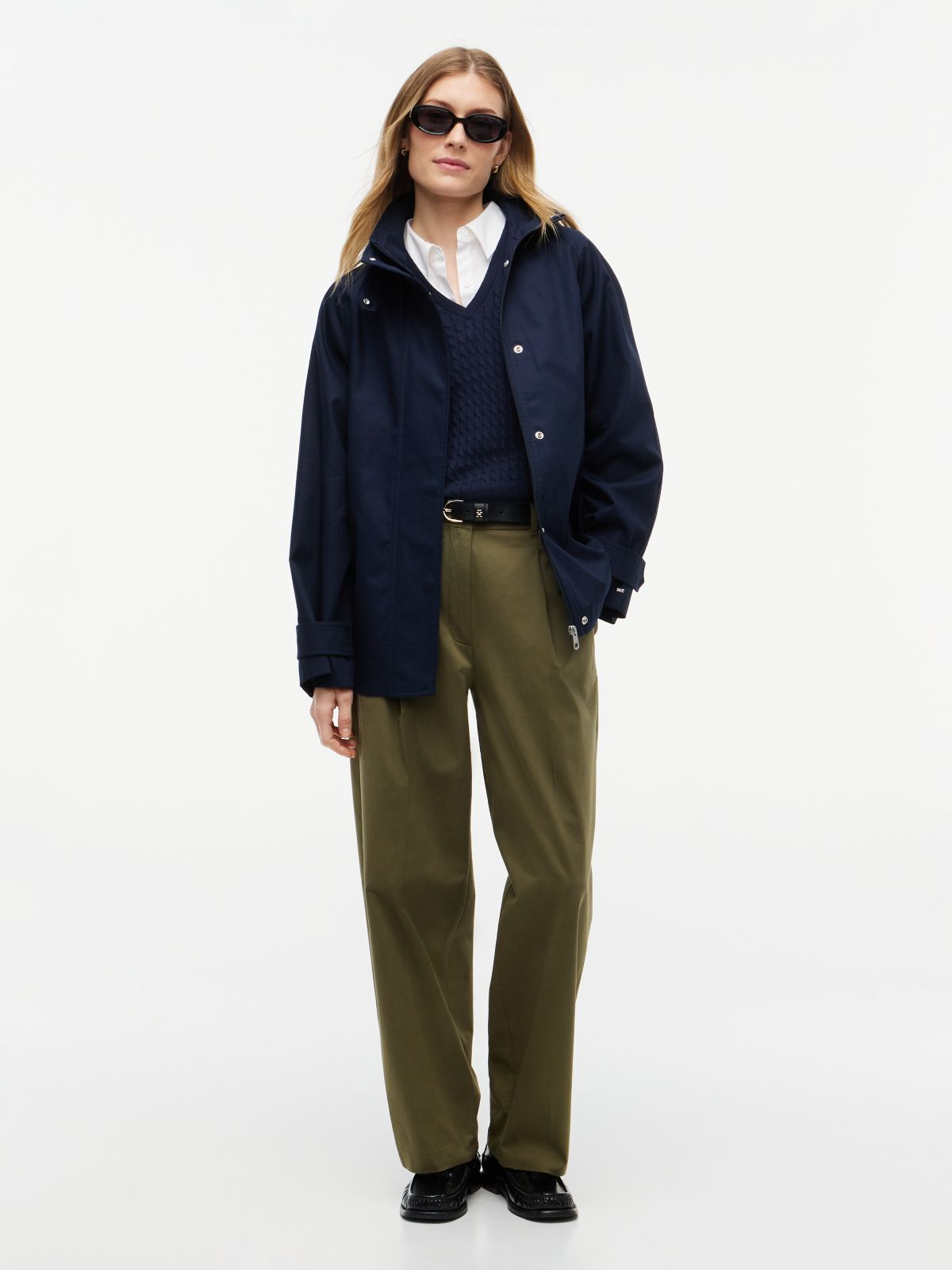 Water-Repellent A-Line Cape Coat — Navy Blue