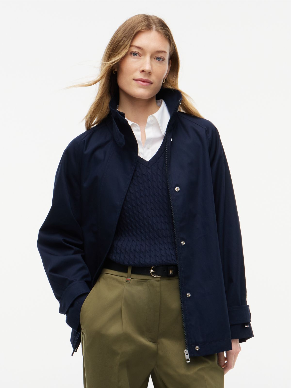 Water-Repellent A-Line Cape Coat — Navy Blue