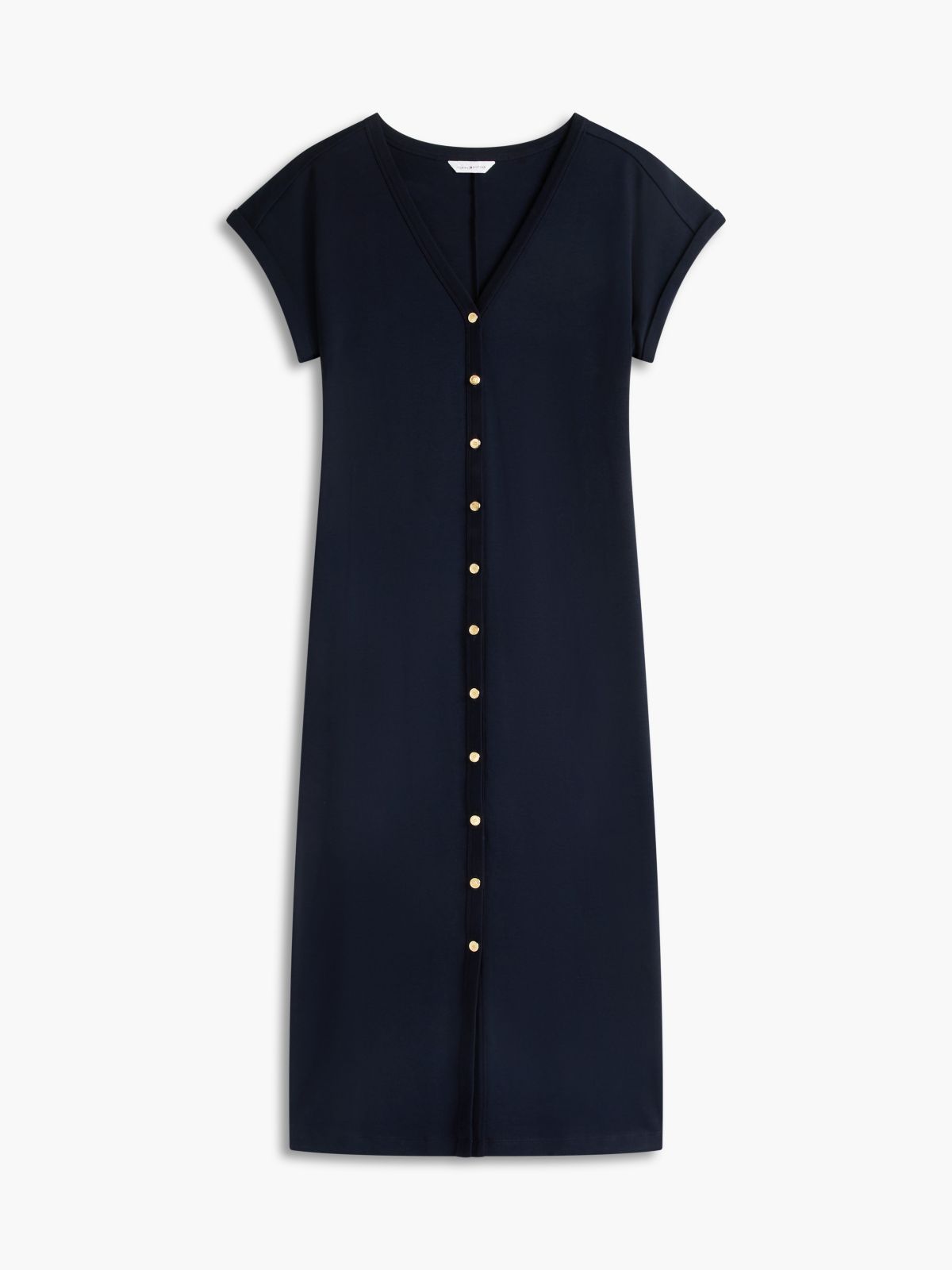 Gold-Button Interlock Midi Dress — Navy Blue