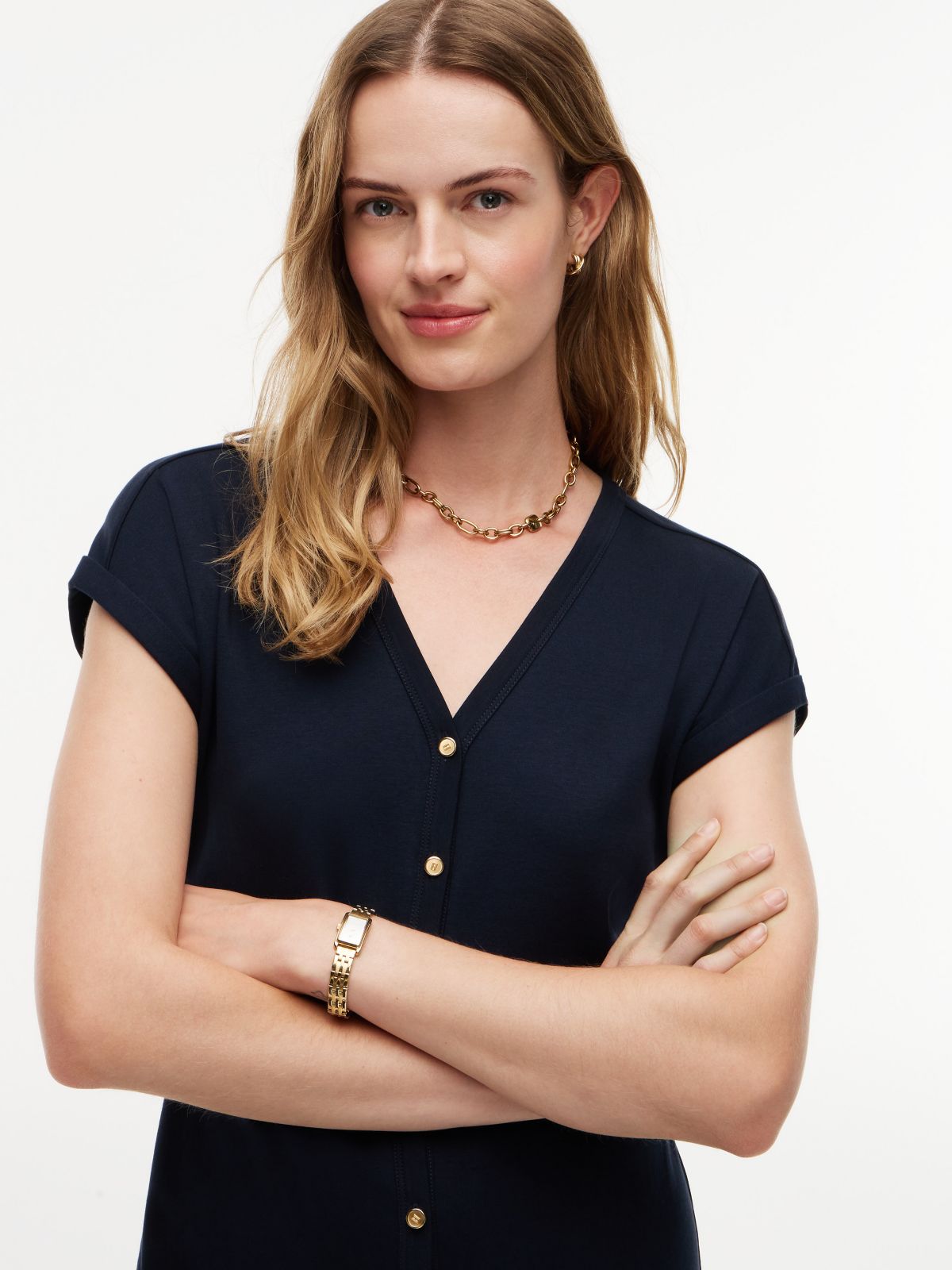 Gold-Button Interlock Midi Dress — Navy Blue