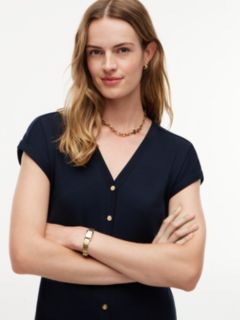 Gold-Button Interlock Midi Dress — Navy Blue 2