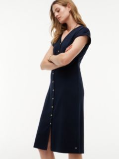 Gold-Button Interlock Midi Dress — Navy Blue 3