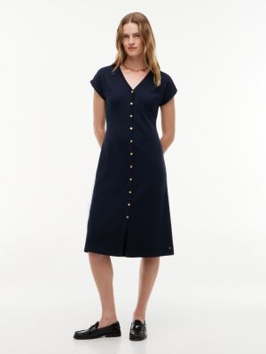 Gold-Button Interlock Midi Dress, Navy Blue