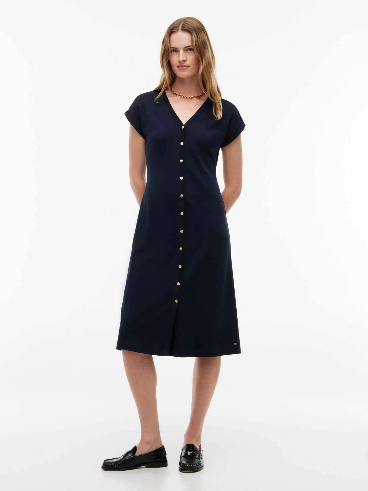 Gold-Button Interlock Midi Dress — Navy Blue