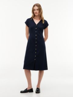 Gold-Button Interlock Midi Dress — Navy Blue 1