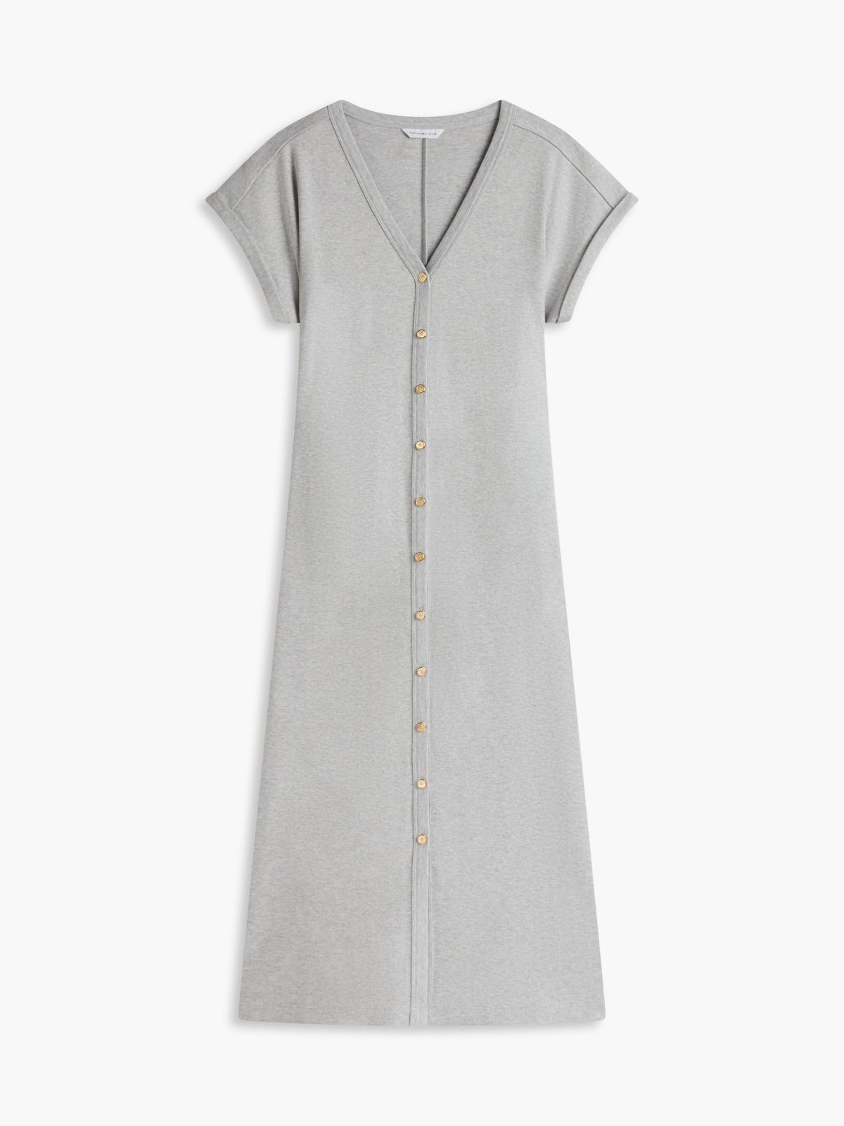 Gold-Button Interlock Midi Dress — Grey Heather