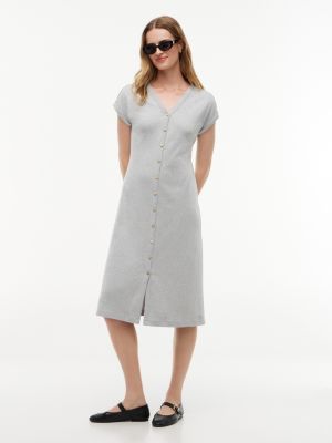Gold-Button Interlock Midi Dress, Grey Heather