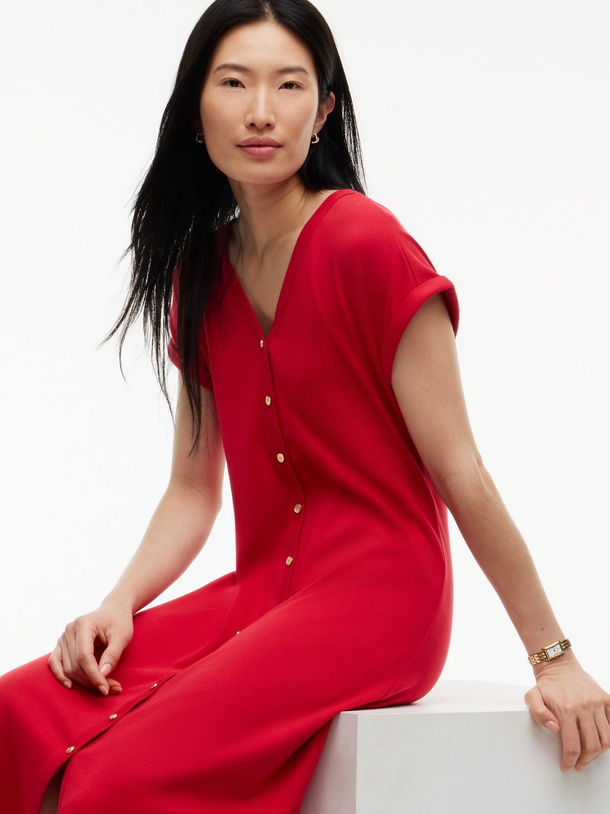 Gold-Button Interlock Midi Dress — Red