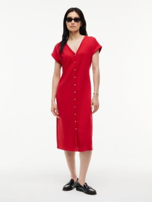Gold-Button Interlock Midi Dress, Red