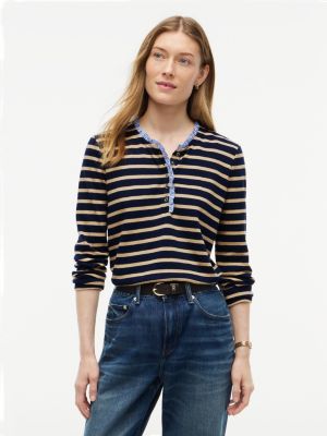 Ruffle-Trim Striped Interlock Henley, Dark Beige