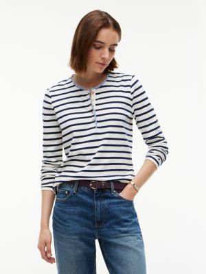 Ruffle-Trim Striped Interlock Henley, Ivory Silk
