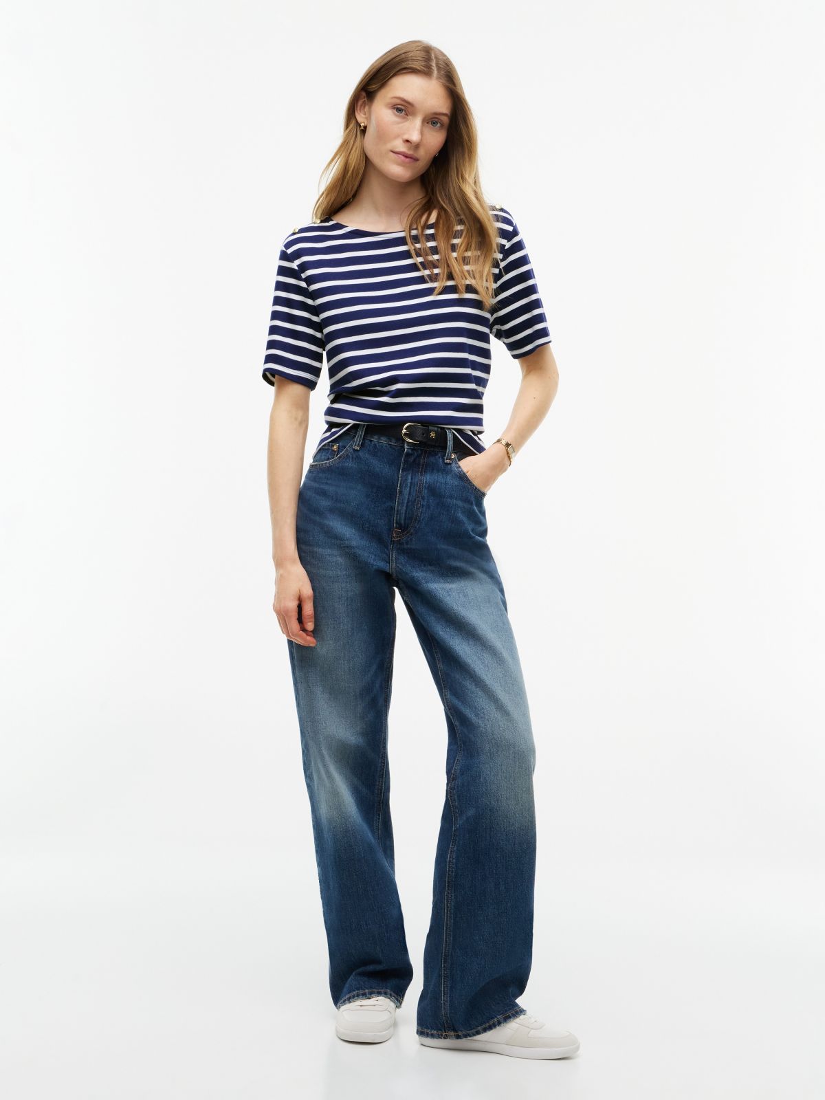 Gold-Button Striped Interlock T-Shirt — Preppy Navy Combo