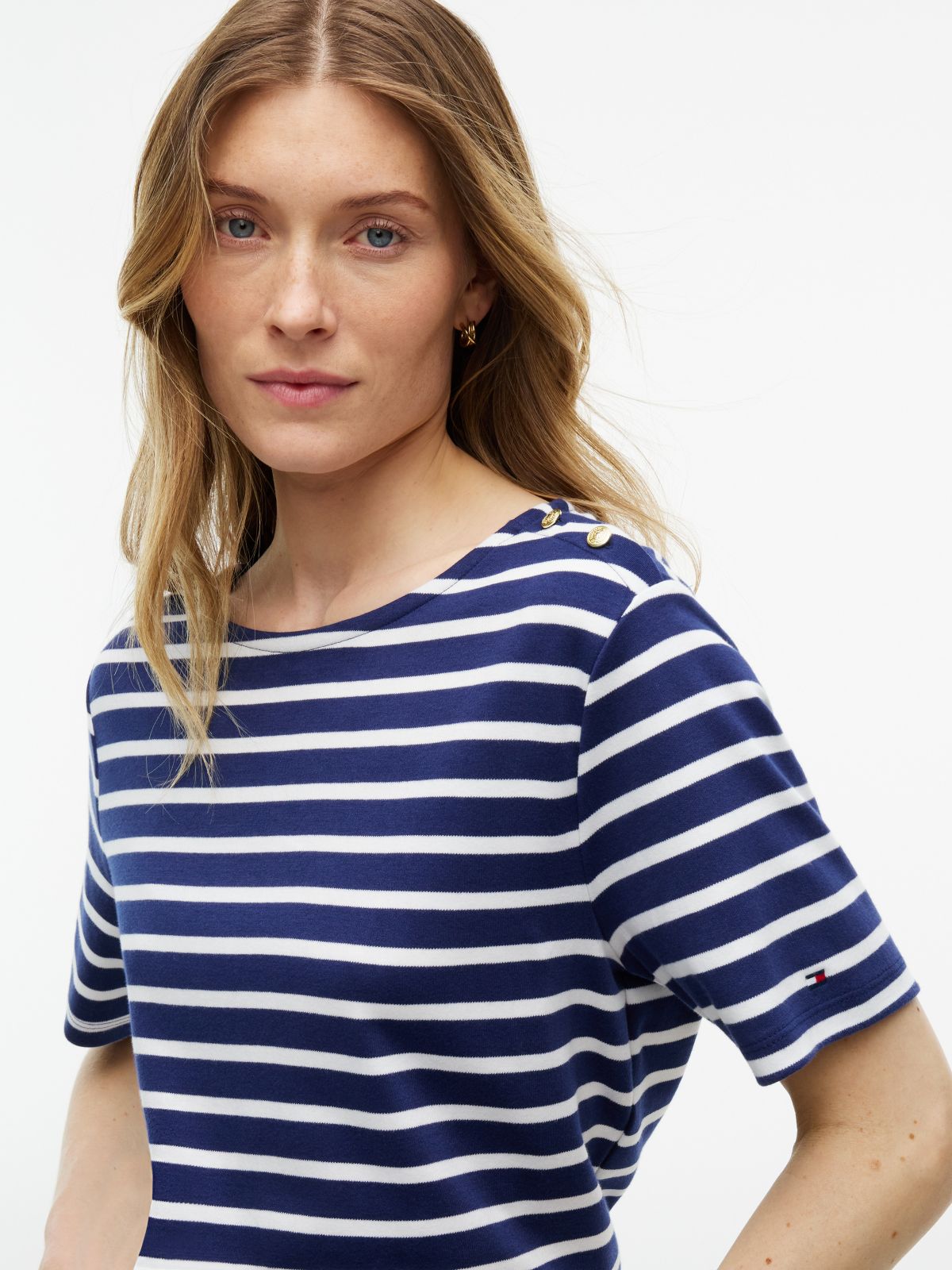 Gold-Button Striped Interlock T-Shirt — Preppy Navy Combo