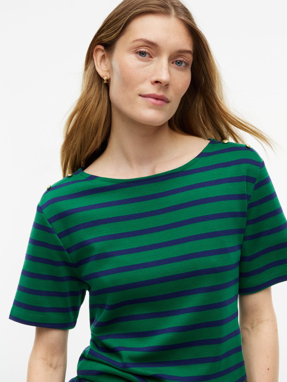 Gold-Button Striped Interlock T-Shirt — Nouveau Green Combo