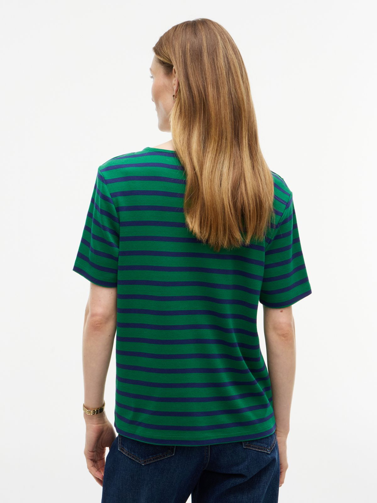 Gold-Button Striped Interlock T-Shirt — Nouveau Green Combo