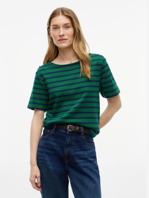 Gold-Button Striped Interlock T-Shirt, Nouveau Green Combo