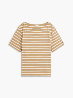 Женские футболки Tommy Hilfiger Gold-Button Striped Interlock T-Shirt — фото 5