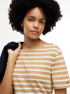 Женские футболки Tommy Hilfiger Gold-Button Striped Interlock T-Shirt — фото 3