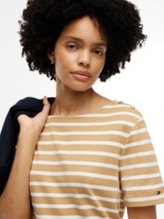 Gold-Button Striped Interlock T-Shirt — Classic Khaki Combo 3