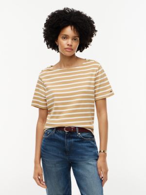 Gold-Button Striped Interlock T-Shirt, Classic Khaki Combo