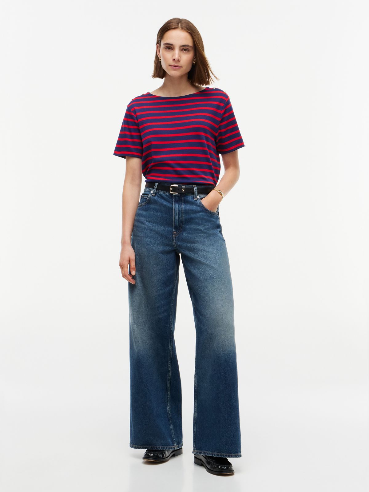 Gold-Button Striped Interlock T-Shirt — Red Combo