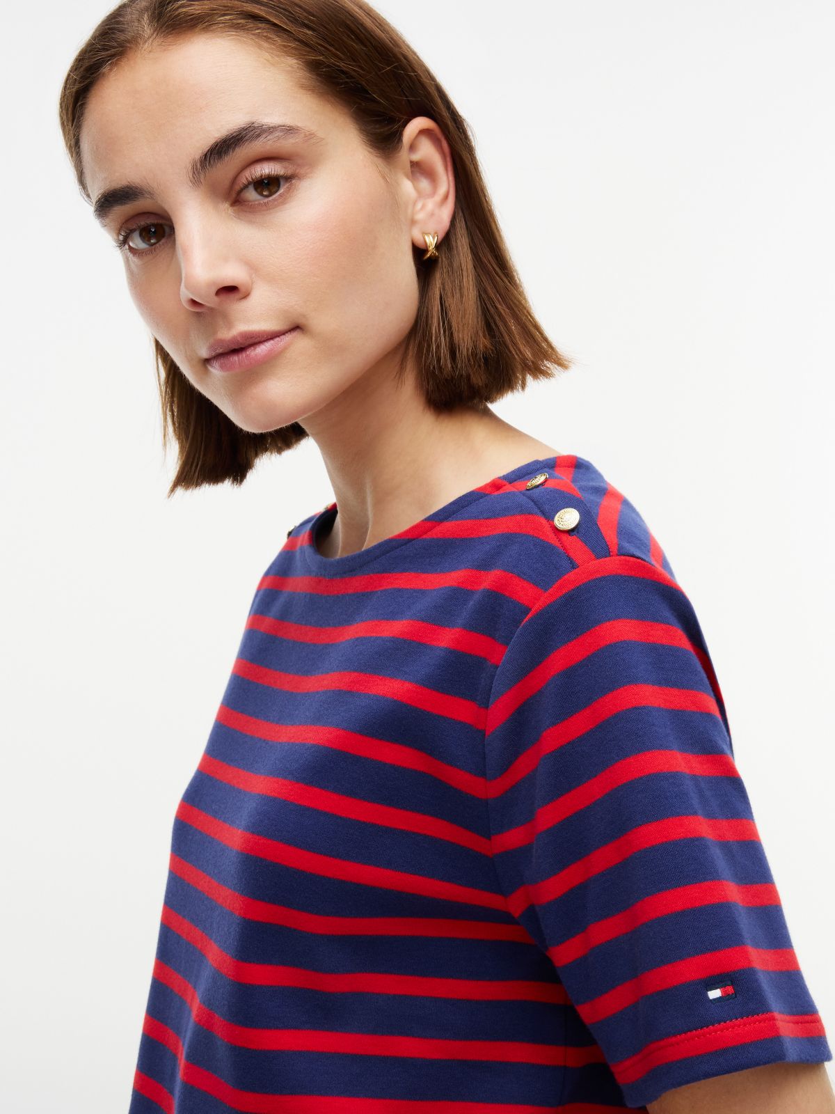 Gold-Button Striped Interlock T-Shirt — Red Combo