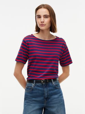 Gold-Button Striped Interlock T-Shirt, Red Combo