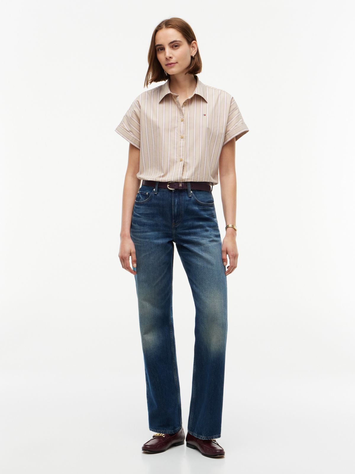 Boxy Fit Drawcord Striped Poplin Shirt — Gentle Gold