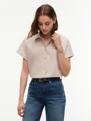 Boxy Fit Drawcord Striped Poplin Shirt, Gentle Gold