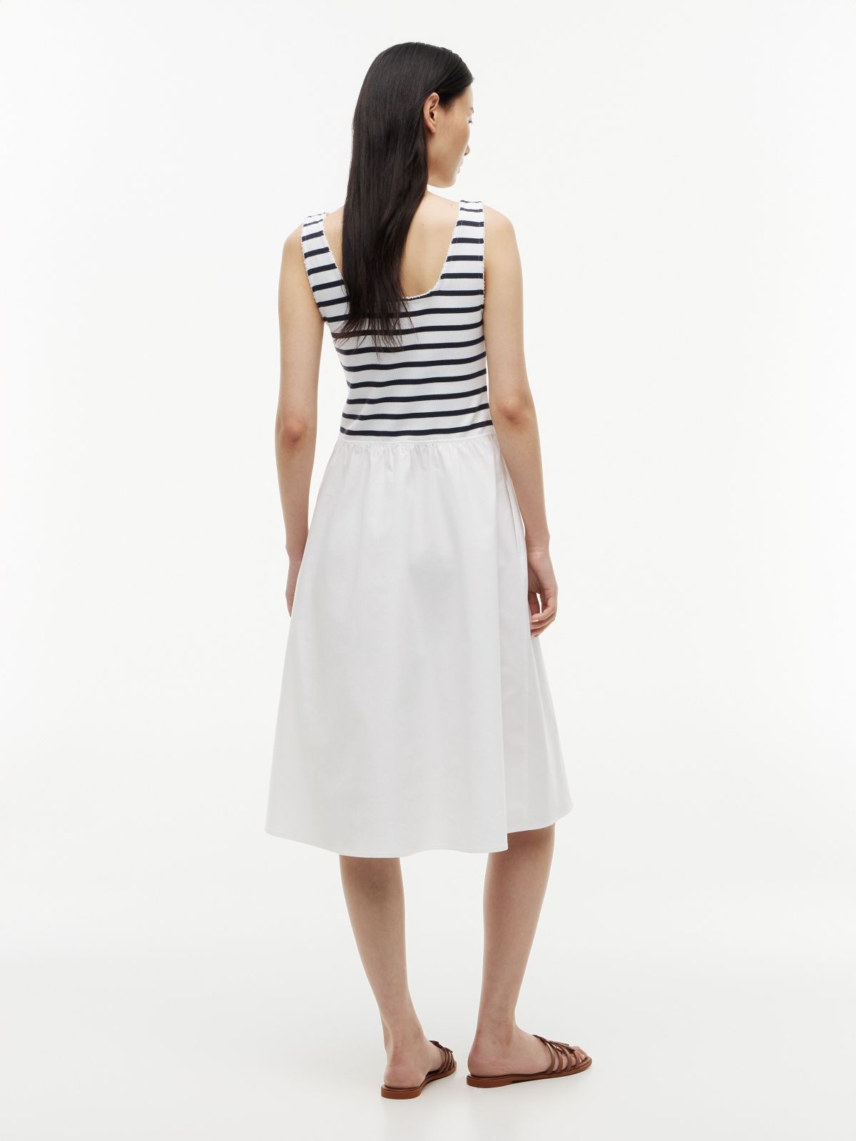 Striped Mixed-Media Midi Tank Dress — Optic White