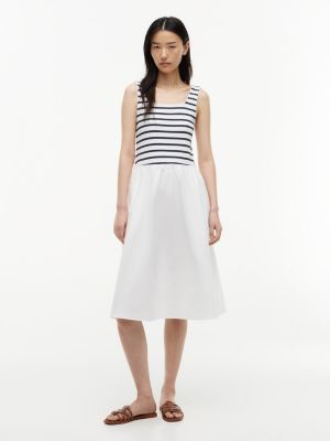 Striped Mixed-Media Midi Tank Dress, Optic White