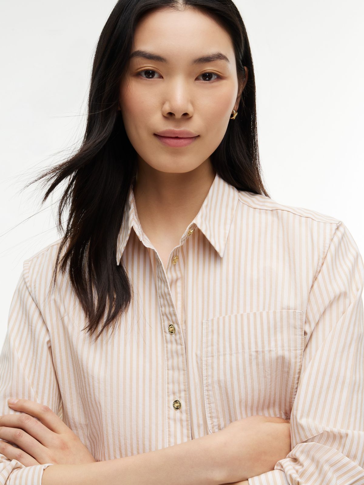 Boxy Fit Gold-Button Stripe Poplin Shirt — Clayed Pebble
