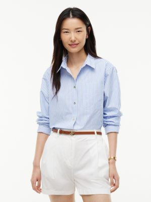 Boxy Fit Gold-Button Stripe Poplin Shirt, Optic White
