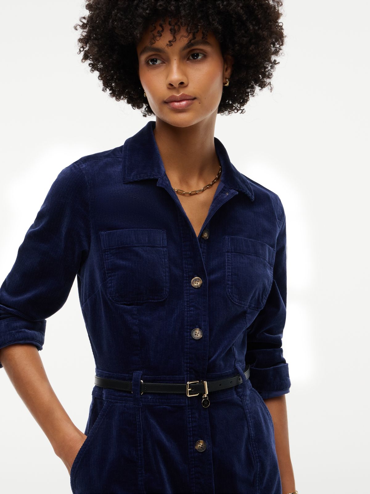 Stretch Corduroy Utility Mini Dress — Carbon Navy