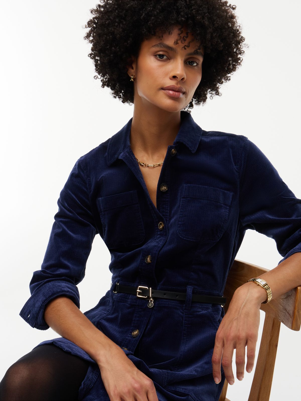 Stretch Corduroy Utility Mini Dress — Carbon Navy